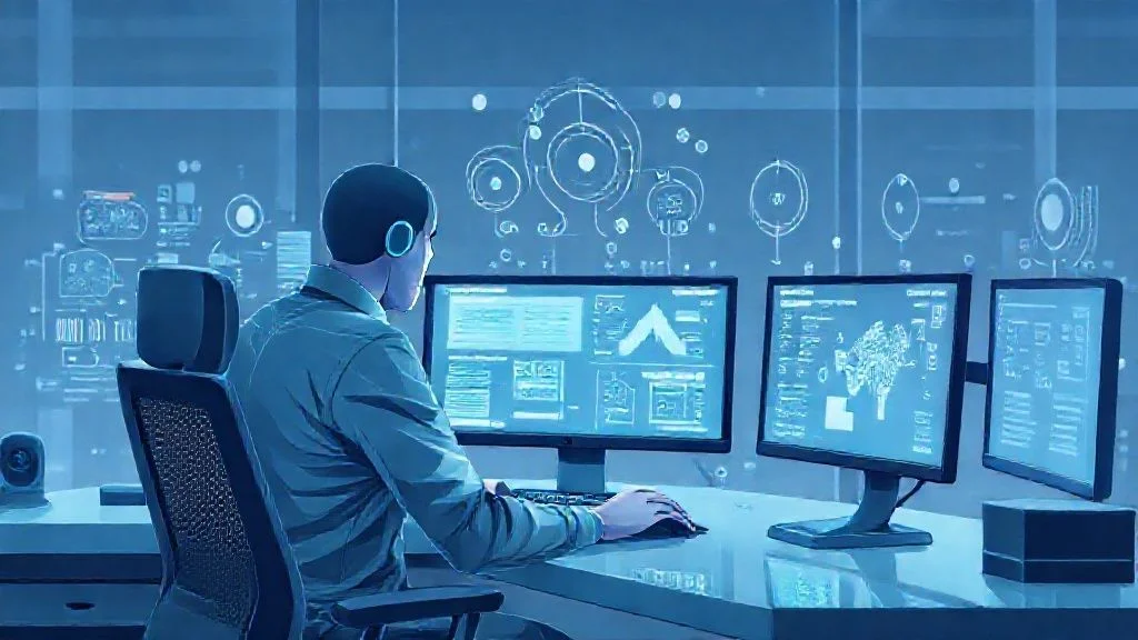 A person working at a futuristic desk with multiple screens displaying interconnected AI tools.