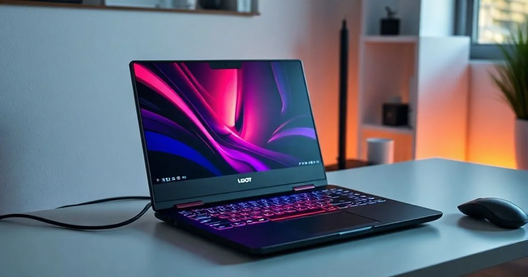 A sleek affordable gaming laptop sitting on a desk with RGB keyboard lighting.